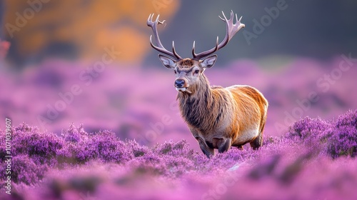 Majestic red deer stag on rolling hills, epitomizing grace and nature's beauty photo