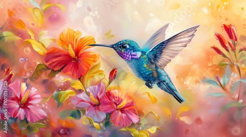 Hummingbird in Flight with Flowers