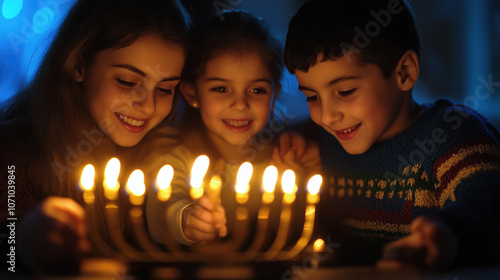 Family gathered around the menorah, lighting candles together, cozy ambiance, smiles photo