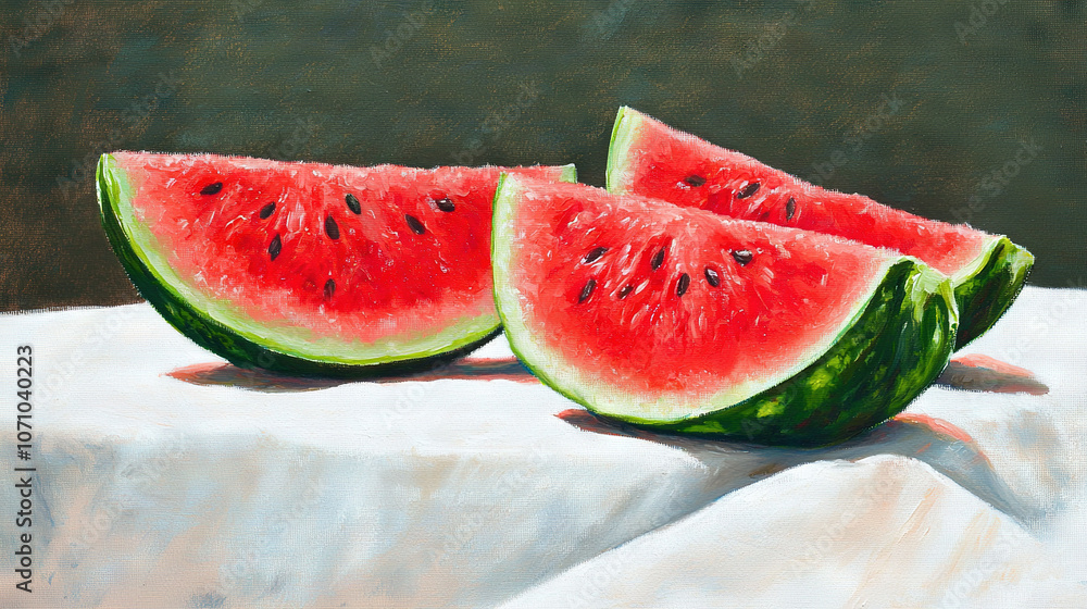  Three watermelon slices painted on white cloth against a dark green background