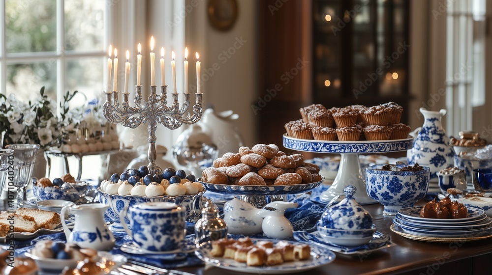 Festive Hanukkah table with a lit menorah, traditional treats, dreidels, and gifts Festive Hanukkah table with a lit menorah, traditional treats, dreidels, and gifts