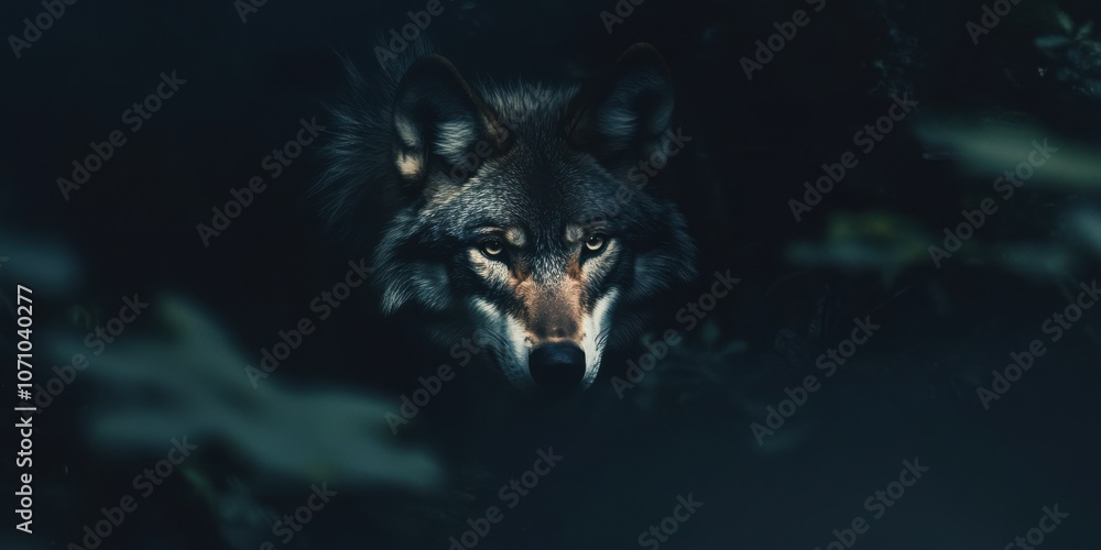 wolf, peeking out from the shadows of a dense forest wolf, peeking out from the shadows of a dense forest