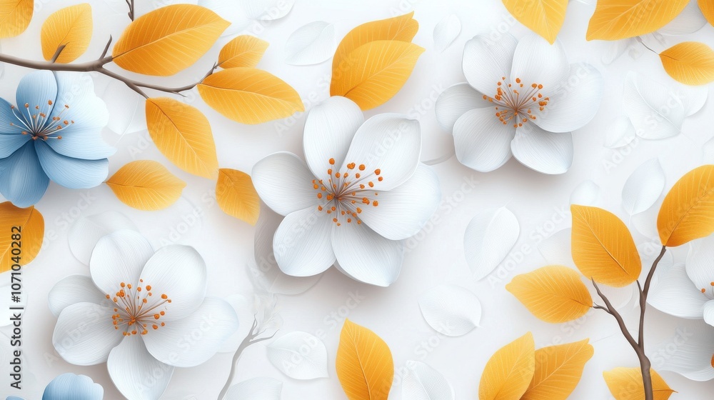 Obraz premium A vibrant floral pattern featuring white and blue flowers with soft orange leaves on a light background.