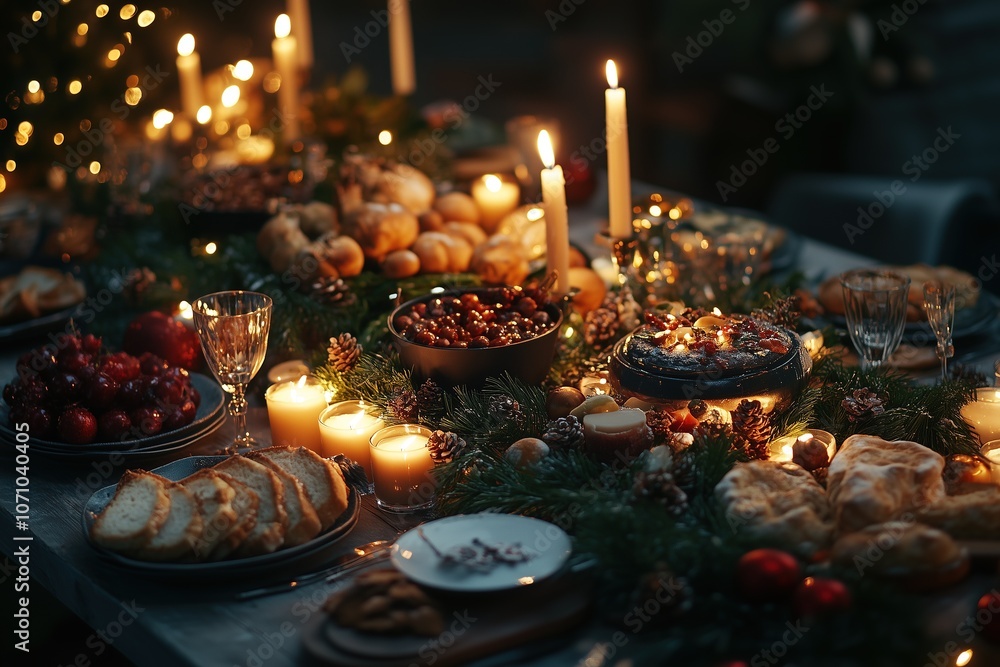 Festive table with New Year's decor, candles, traditional dishes, cozy lighting, and a holiday atmosphere for Christmas Festive table with New Year's decor, candles, traditional dishes, cozy lighting, and a holiday atmosphere for Christmas