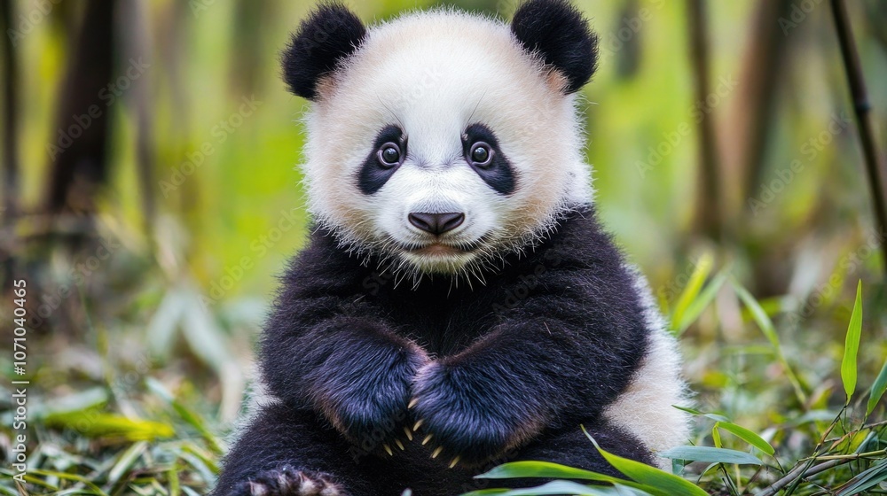 Fototapeta premium Charming Panda Cub Sitting Amongst Trees