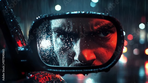 Rearview mirror of a taxi driver reflects an intense gaze on a rainy evening