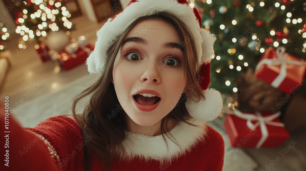 selfie of a young woman with a Christmas sweatshirt and hat in her Christmas decorated house selfie of a young woman with a Christmas sweatshirt and hat in her Christmas decorated house