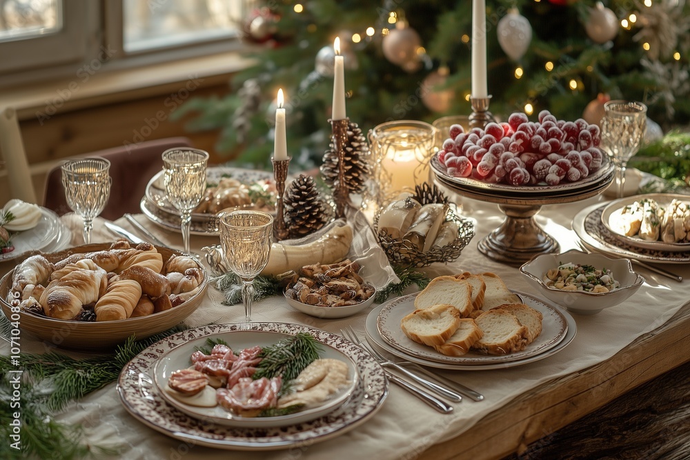 Festive table with New Year's decor, candles, traditional dishes, cozy lighting, and a holiday atmosphere for Christmas Festive table with New Year's decor, candles, traditional dishes, cozy lighting, and a holiday atmosphere for Christmas