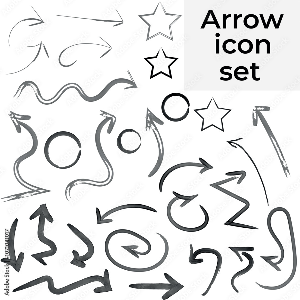 Watercolor ink brushes arrows, different shapes, circle, star, in black Watercolor ink brushes arrows, different shapes, circle, star, in black