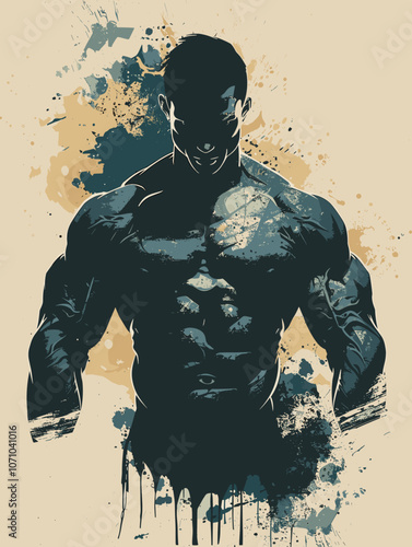 Man with a muscular body is standing in front of a wall with a splash of paint. The man's pose and the splatter of paint give the image a sense of energy and movement