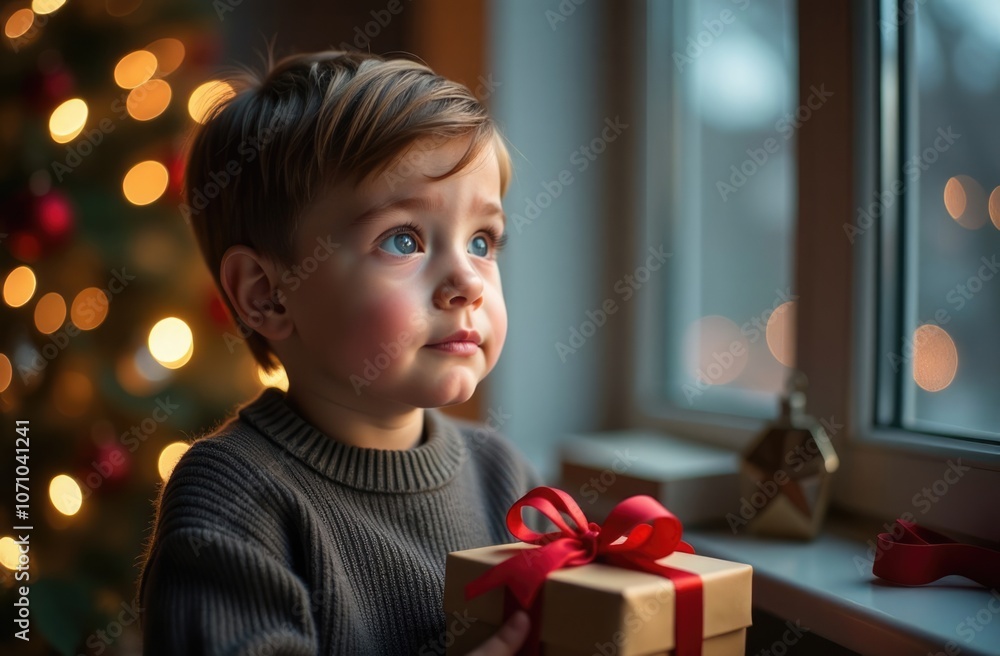 Boy dreaming about new year gift, thoughtful face, on blurry christmas background Boy dreaming about new year gift, thoughtful face, on blurry christmas background