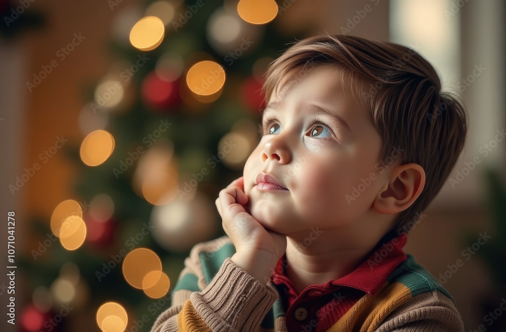 Boy dreaming about new year gift, thoughtful face, on blurry christmas background Boy dreaming about new year gift, thoughtful face, on blurry christmas background