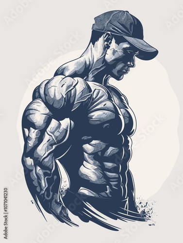Man with a hat and a shirt on is standing with his arms crossed. He has a muscular build and he is posing for a picture. The image has a strong and confident mood, with the man's pose