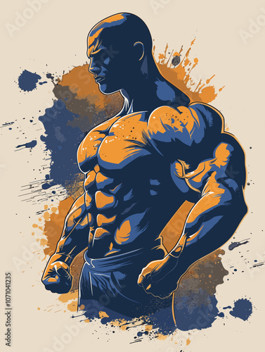Man with a muscular build is standing with his arms raised in the air. The image has a bold and powerful feel to it, with the man's muscular physique and the way he is posing