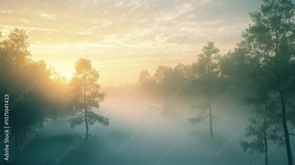 A serene landscape with mist drifting through trees at sunrise, creating a tranquil and ethereal atmosphere. A serene landscape with mist drifting through trees at sunrise, creating a tranquil and ethereal atmosphere.