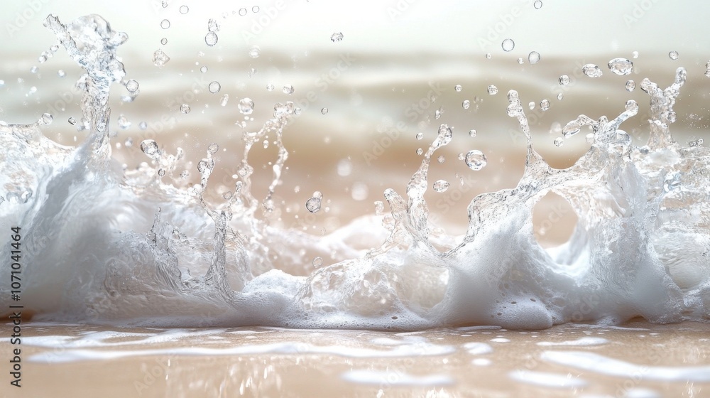 Close-up of water splashes against a sandy shore on a bright day, capturing the essence of beach tranquility. Close-up of water splashes against a sandy shore on a bright day, capturing the essence of beach tranquility.
