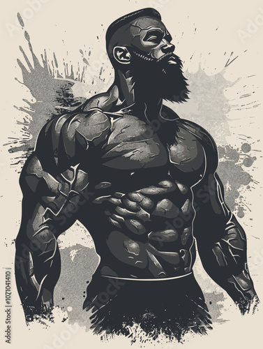 Man with a beard and a muscular body is standing in front of a splash of paint. The man is wearing a black shirt and black shorts. The splash of paint gives the image a sense of chaos and energy