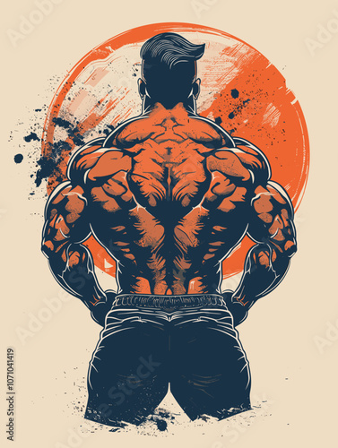 Muscular man with a back tattoo is standing in front of a large orange circle. The man is wearing a white shirt and blue jeans. The image has a bold and powerful feel to it