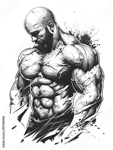Man with a muscular build is depicted in a black and white drawing. The man is in a contemplative pose, with his arms crossed and his head tilted. The drawing conveys a sense of strength and power