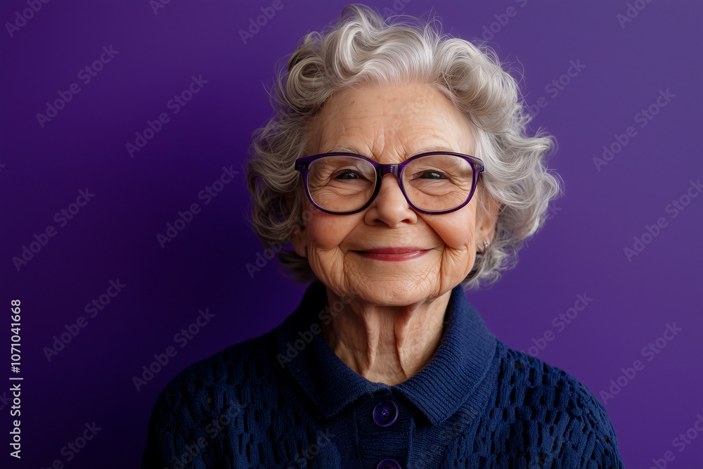 portrait of a cheerful smiling elderly grandmother in glasses on a violet background portrait of a cheerful smiling elderly grandmother in glasses on a violet background