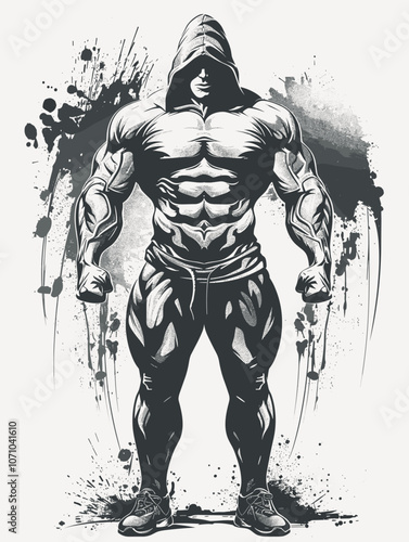 Muscular man with a hoodie on stands in front of a black background. The man is wearing black pants and a black shirt. The image has a dark and moody feel to it, with the man's muscular build