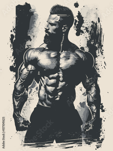 Man with a beard and a muscular body is standing in front of a wall. The wall has a lot of paint splatters on it, giving the image a grungy and edgy feel