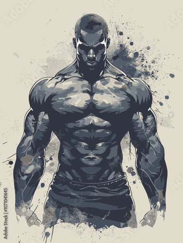 Muscular man stands in front of a wall with splattered paint. The man's muscles are defined and his pose is powerful. The splattered paint adds a sense of chaos and energy to the image