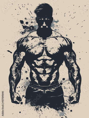 Man with a muscular build is standing in front of a wall with a spray paint splatter effect. The man's pose and the splatter effect give the image a bold and powerful vibe