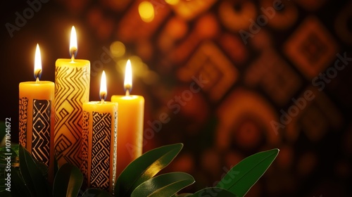 Kwanzaa, Mishumaa Saba candles in the foreground, dark background with ethnic patterns and golden accents photo