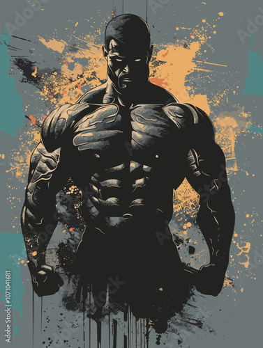 Man with a muscular build is standing in front of a wall with a splash of color. The man is the main focus of the image, and the splash of color adds a sense of energy and movement to the scene
