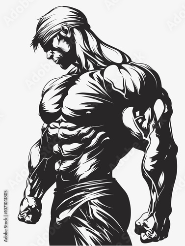 Muscular man with a bandana on his head is standing with his arms raised in the air