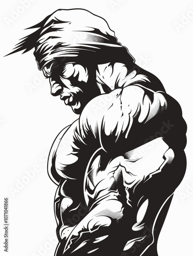 Man with a muscular build is standing in front of a white background. The image has a strong and powerful mood, with the man's muscular physique and the white background emphasizing his strength