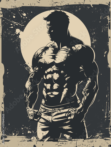 Man with a muscular body is standing in front of a moon. The image has a grungy and edgy feel to it, with the man's muscular physique and the dark background