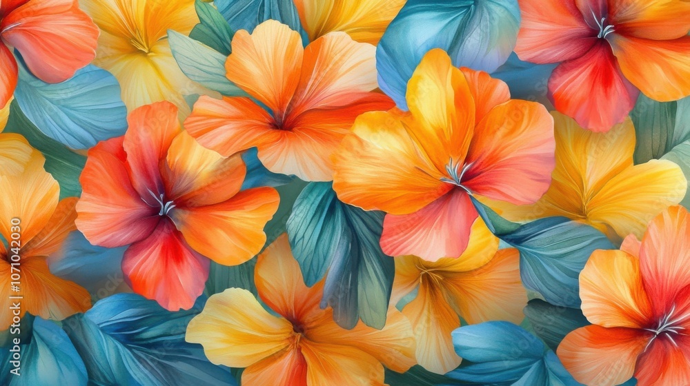 A vibrant collage of multicolored hibiscus flowers in shades of orange, yellow, and blue, creating a cheerful floral pattern. A vibrant collage of multicolored hibiscus flowers in shades of orange, yellow, and blue, creating a cheerful floral pattern.
