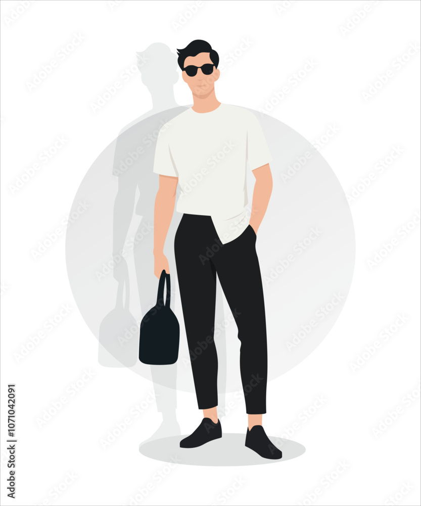 Vector illustration. Young man in a light T-shirt and trousers with sunglasses. Modern and fashionable image for warm weather. Vector illustration. Young man in a light T-shirt and trousers with sunglasses. Modern and fashionable image for warm weather.