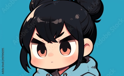 Chibi girl with black hair in two buns and bangs, wearing a blue hoodie and a snooty cartoon expression. Solid background color in a cute anime style.