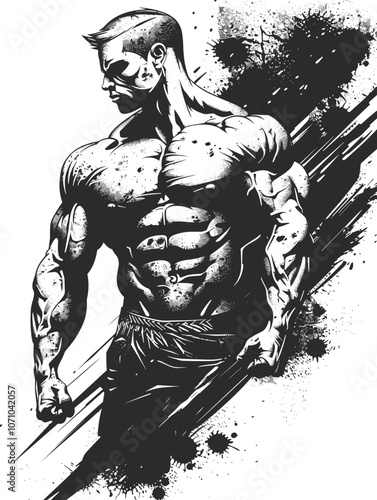 Man with a muscular body is holding a stick. The image is black and white and has a gritty, edgy feel to it