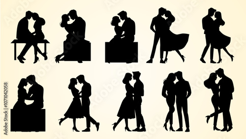 Silhouettes of couples in romantic poses, showing intimate moments of affection.