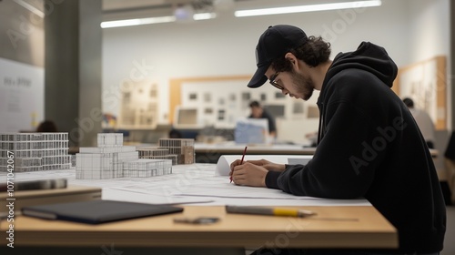 architecture student sketching building designs in a modern classroom with drafting tools photo