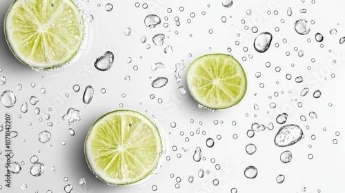 Fresh lime slices with droplets of water on a clean white background emphasize a refreshing and vibrant mood.