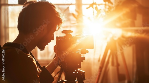 professional photographer capturing a portrait in a well-lit studio with high-end equipment