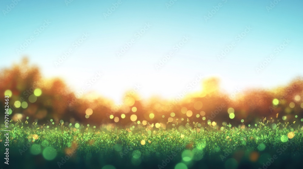 Obraz premium A peaceful landscape with soft-focus green grass and gentle bokeh effect at sunset, creating a serene atmosphere.