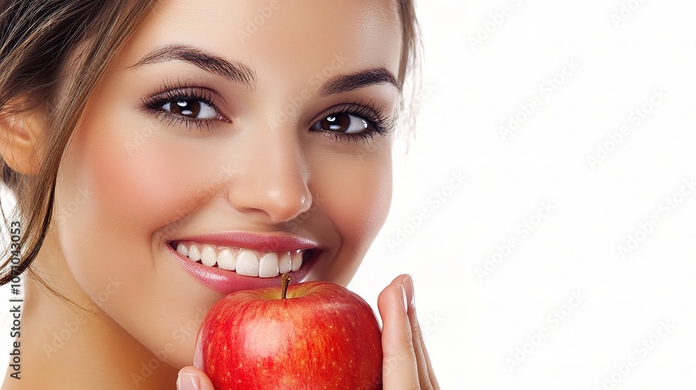 Cheerful Woman Holding an Apple Isolated on White Background Cheerful Woman Holding an Apple Isolated on White Background