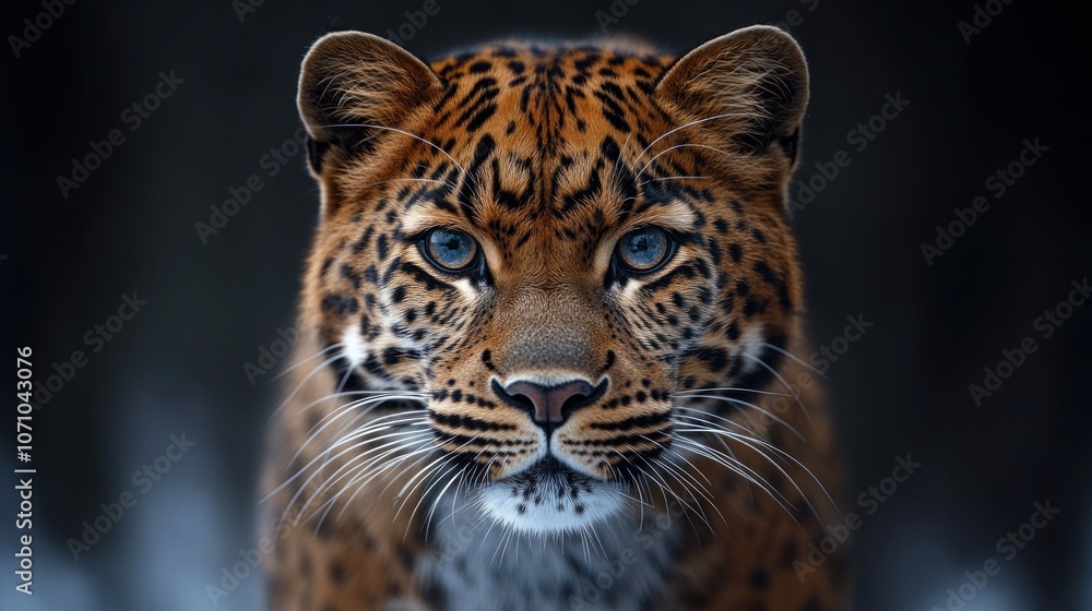 Obraz premium A close-up portrait of a leopard with piercing blue eyes looking directly at the camera.