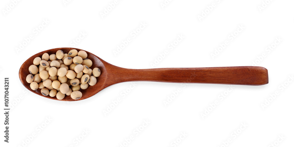 Spoon with soy beans isolated on white, top view Spoon with soy beans isolated on white, top view