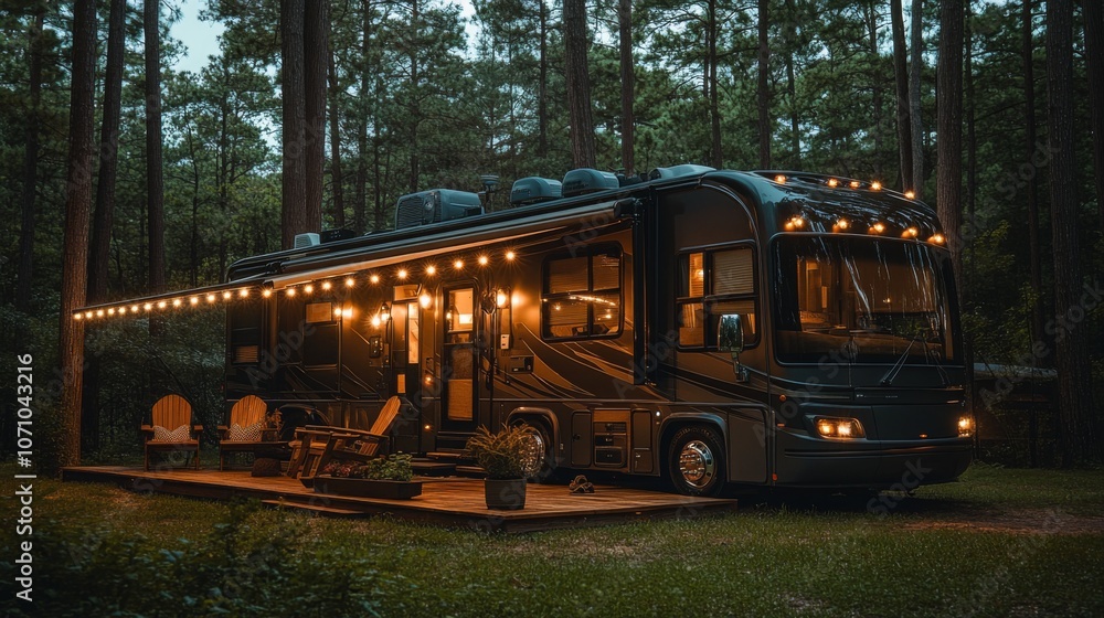 Obraz premium A stylish RV rests peacefully in a tranquil forest, adorned with warm string lights, inviting relaxation amid nature's beauty. Comfortable seating enhances the cozy atmosphere.