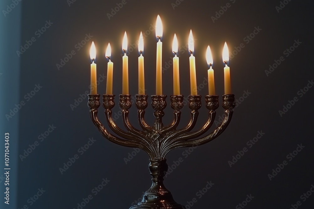 A Hanukkah menorah 9 candles against a gray background, with warm lighting highlighting its intricate design and candles A Hanukkah menorah 9 candles against a gray background, with warm lighting highlighting its intricate design and candles