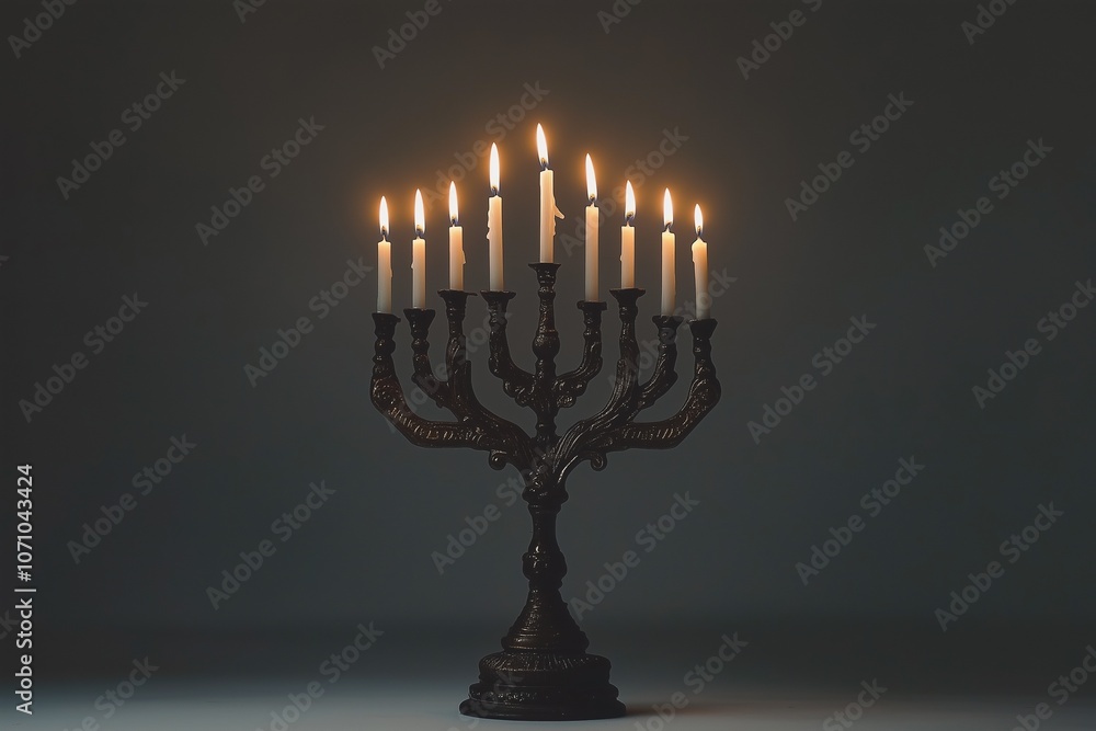 A Hanukkah menorah 9 candles against a gray background, with warm lighting highlighting its intricate design and candles A Hanukkah menorah 9 candles against a gray background, with warm lighting highlighting its intricate design and candles