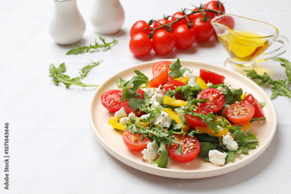 Tasty salad with arugula, cheese and vegetables on white tiled table Tasty salad with arugula, cheese and vegetables on white tiled table