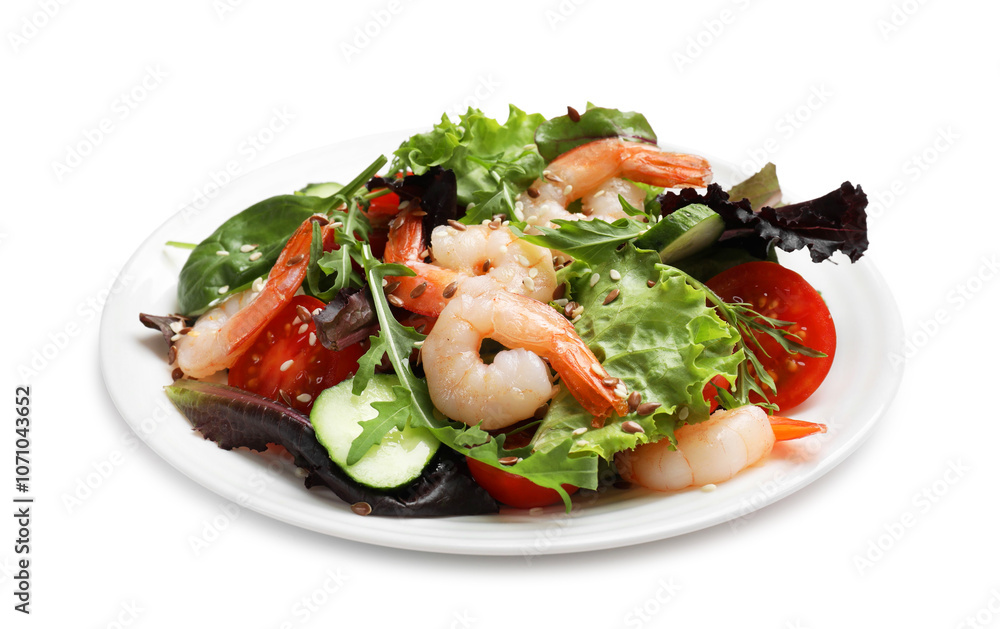 Delicious shrimp salad with vegetables isolated on white Delicious shrimp salad with vegetables isolated on white